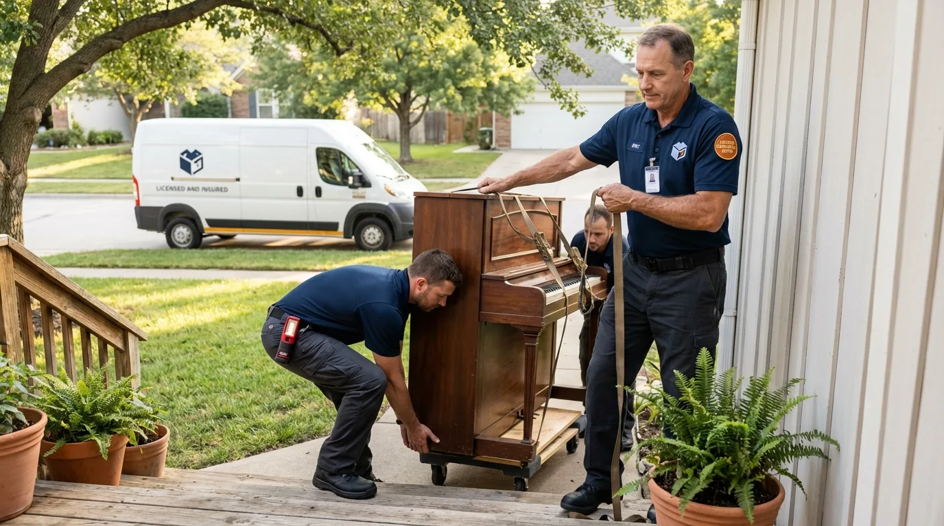 Licensed piano movers securing grand piano in Luxemburg, WI