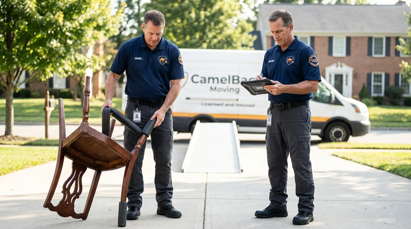 Movers inspecting furniture for damage prevention before loading in Luxemburg, WI