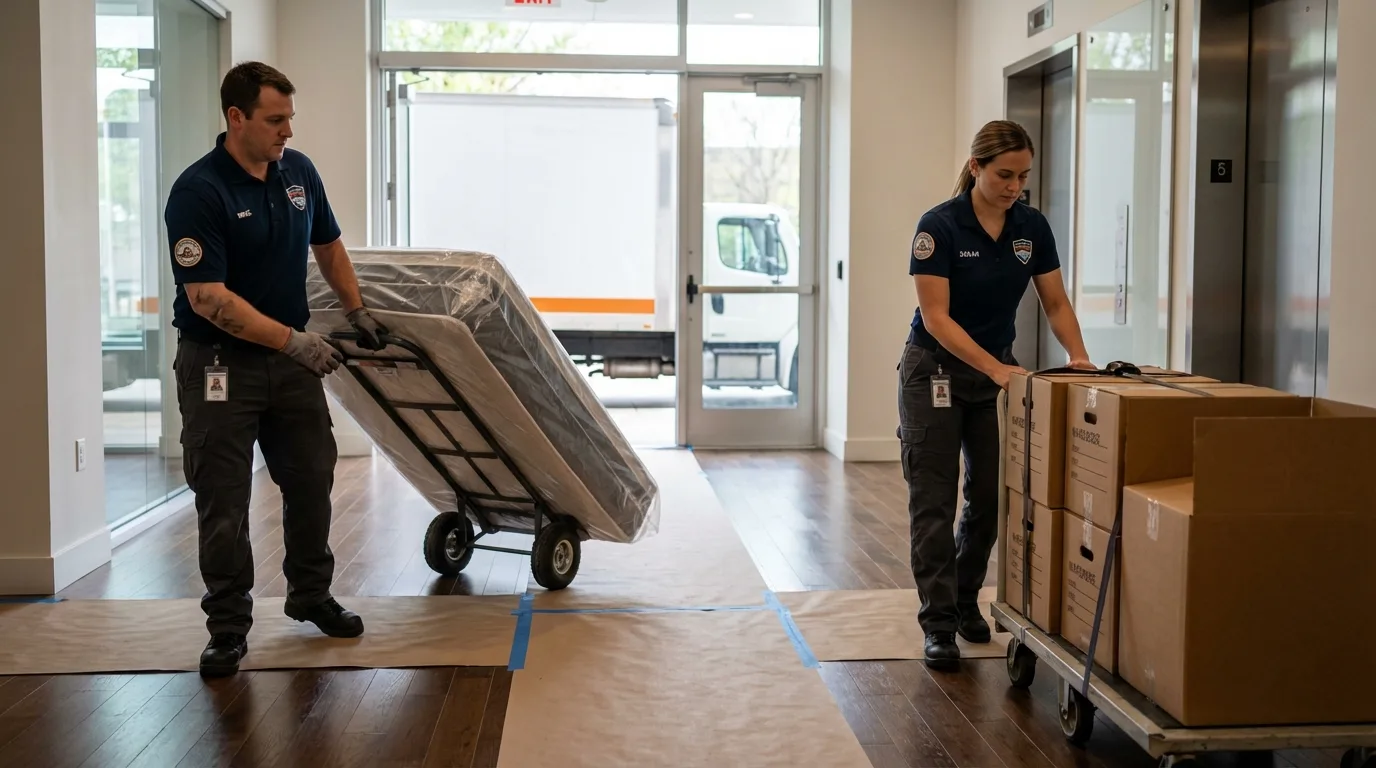 Professional apartment movers loading elevator in Luxemburg, WI