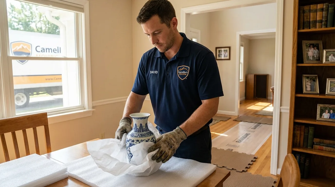 Professional crew carefully wrapping antique vase for senior downsizing move in Luxemburg, WI